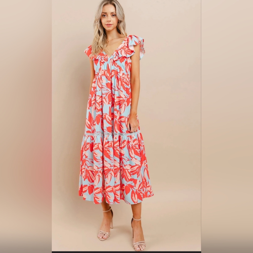 TCEC Coral & Light Blue Floral Ruffle Midi Dress